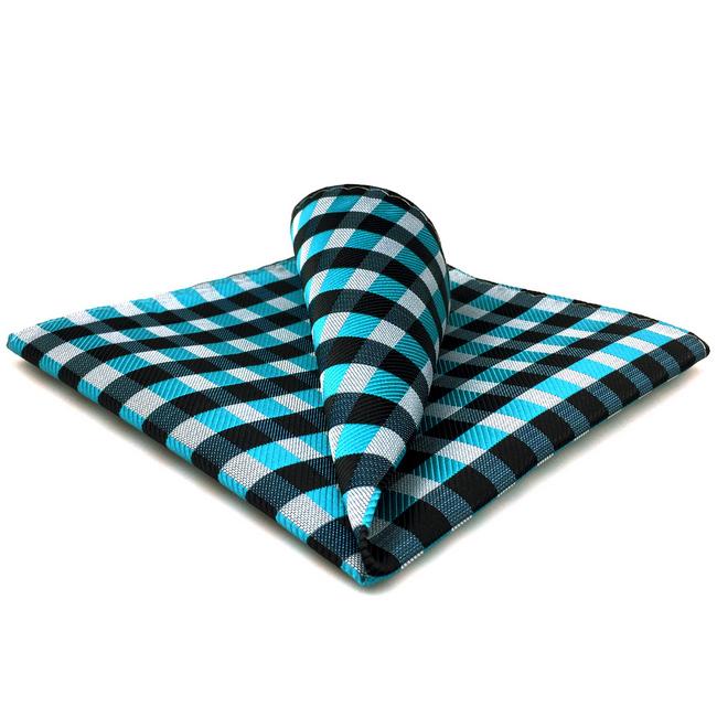 shlax & wing PH13 Checked Light Blue Black Grey Gray White Pocket Square Mens Neckties Jacquard Woven