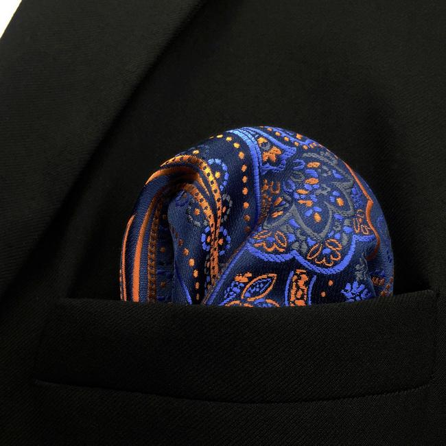 Shlax & Wing QH8 Paisley Orange Blue Black Pocket Square Mens Neckties Jacquard Woven Hanky