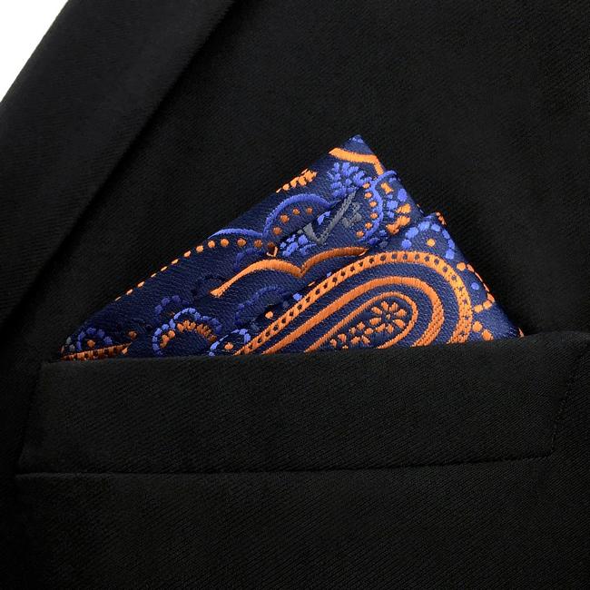 Shlax & Wing QH8 Paisley Orange Blue Black Pocket Square Mens Neckties Jacquard Woven Hanky