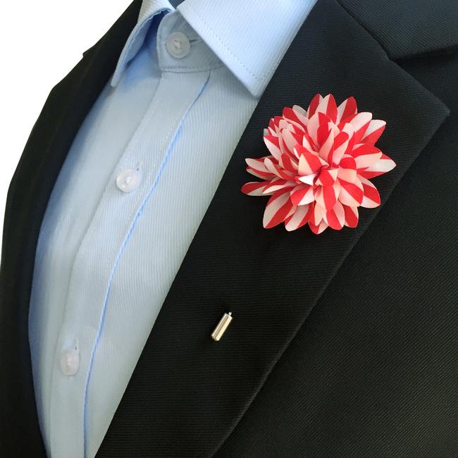 Shlax & Wing Red White Stripes Lapel Flowers Boutonniere Silk Blend Handmade Stick Pin Men’s Accessories