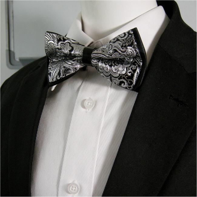 Shlax & Wing Silver Black Abstract Mens Bow Tie Pre-tied Ajustable SilkBlend Wedding Dress Silk Blend