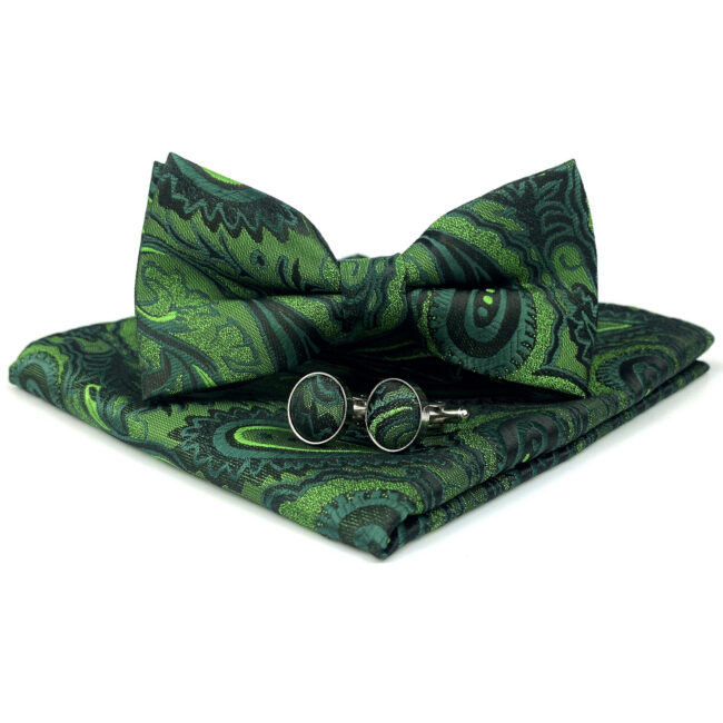 Shlax & Wing U30 Paisley Dark Green Mens Bow Tie Hanky Cufflinks Set Jacquard Woven