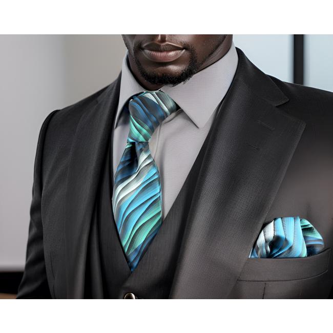 shlax & wing Y23 Turquoise Multicolor Ripple Abstract Classic Silk Mens Necktie Bow tie Pocket Square Cufflinks Set