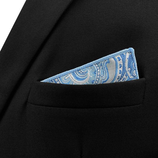 Shlax & Wing YH12 Paisley Azure Silver Mens Hankies 100% Silk Jacquard Woven Fashion Brand New Hanky