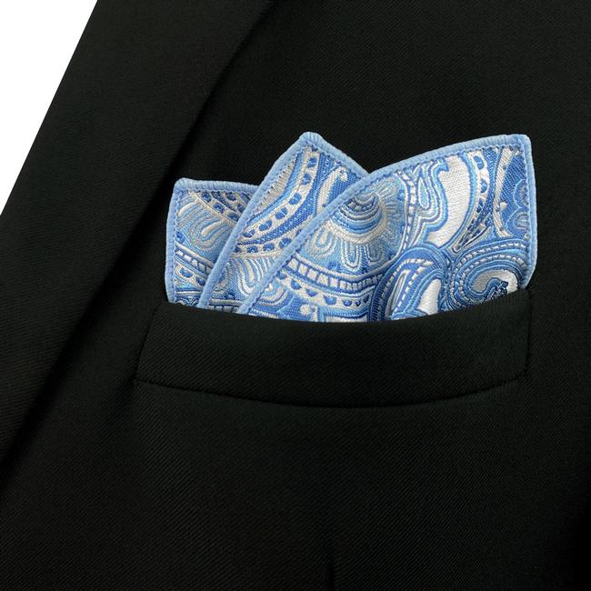 Shlax & Wing YH12 Paisley Azure Silver Mens Hankies 100% Silk Jacquard Woven Fashion Brand New Hanky