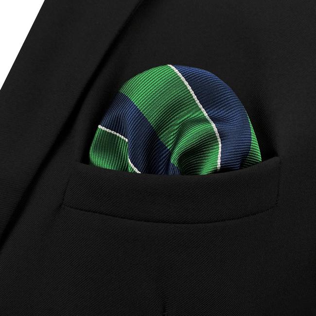 Shlax & Wing YH27 Navy Green Striped Hanky Silk Classic Pocket Square Prev