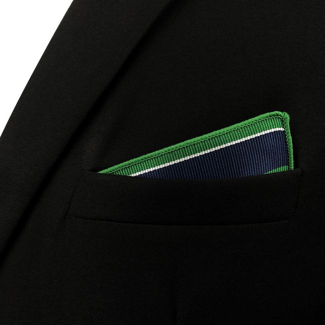 Shlax & Wing YH27 Navy Green Striped Hanky Silk Classic Pocket Square Prev