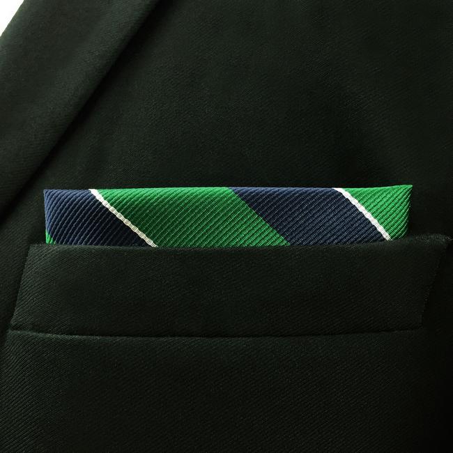 Shlax & Wing YH27 Navy Green Striped Hanky Silk Classic Pocket Square Prev