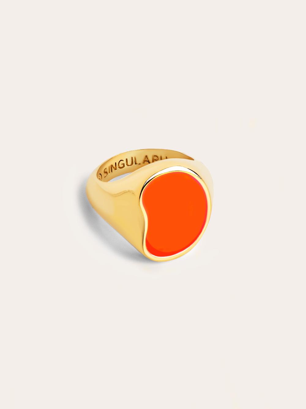 singularu Anillo Signet Bean Neon Orange Enamel Baño Oro
