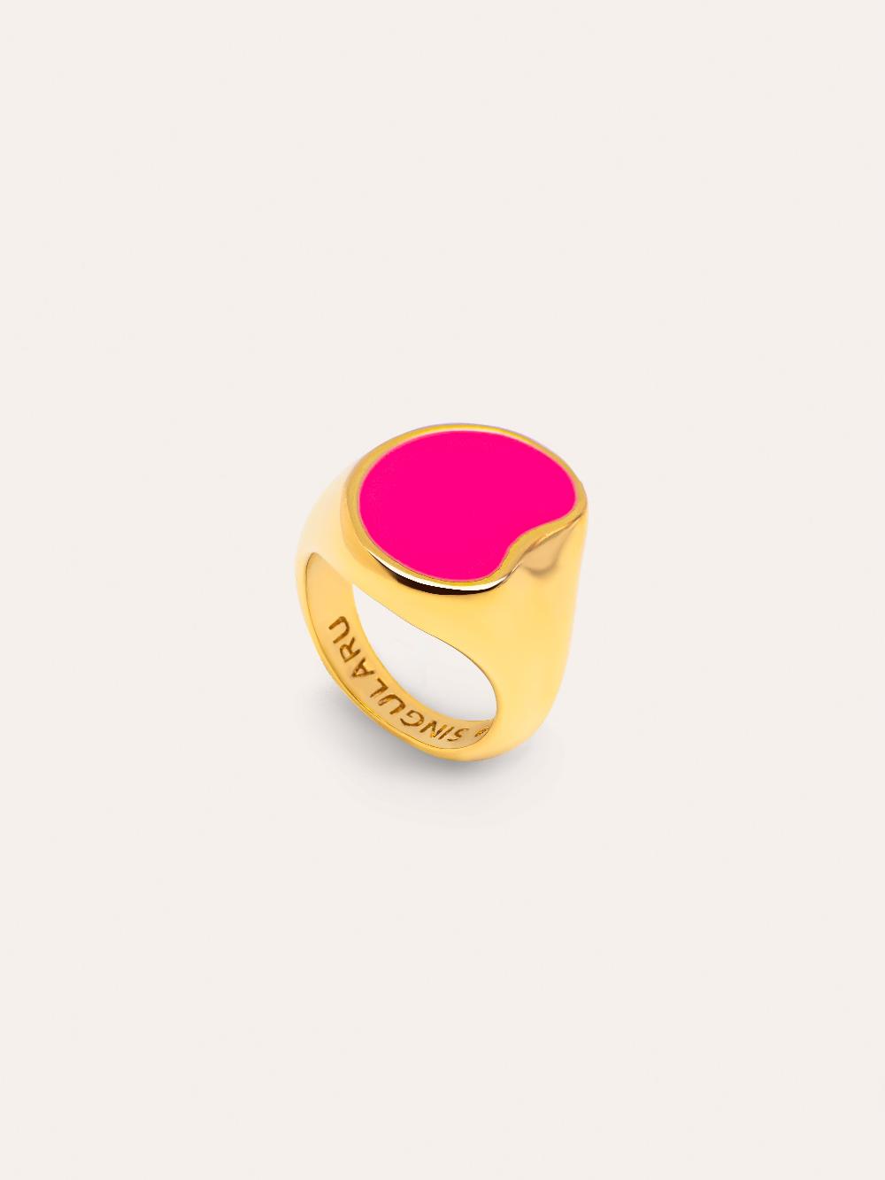 Singularu Anillo Signet Bean Neon Pink Enamel Baño Oro