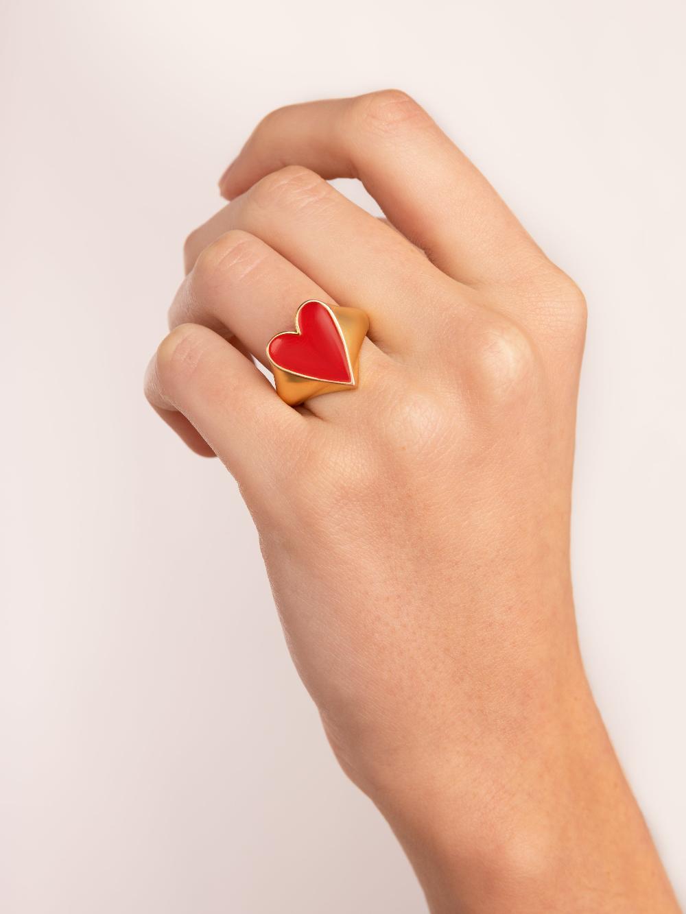 Singularu Anillo Lovely Heart Red Enamel Baño Oro