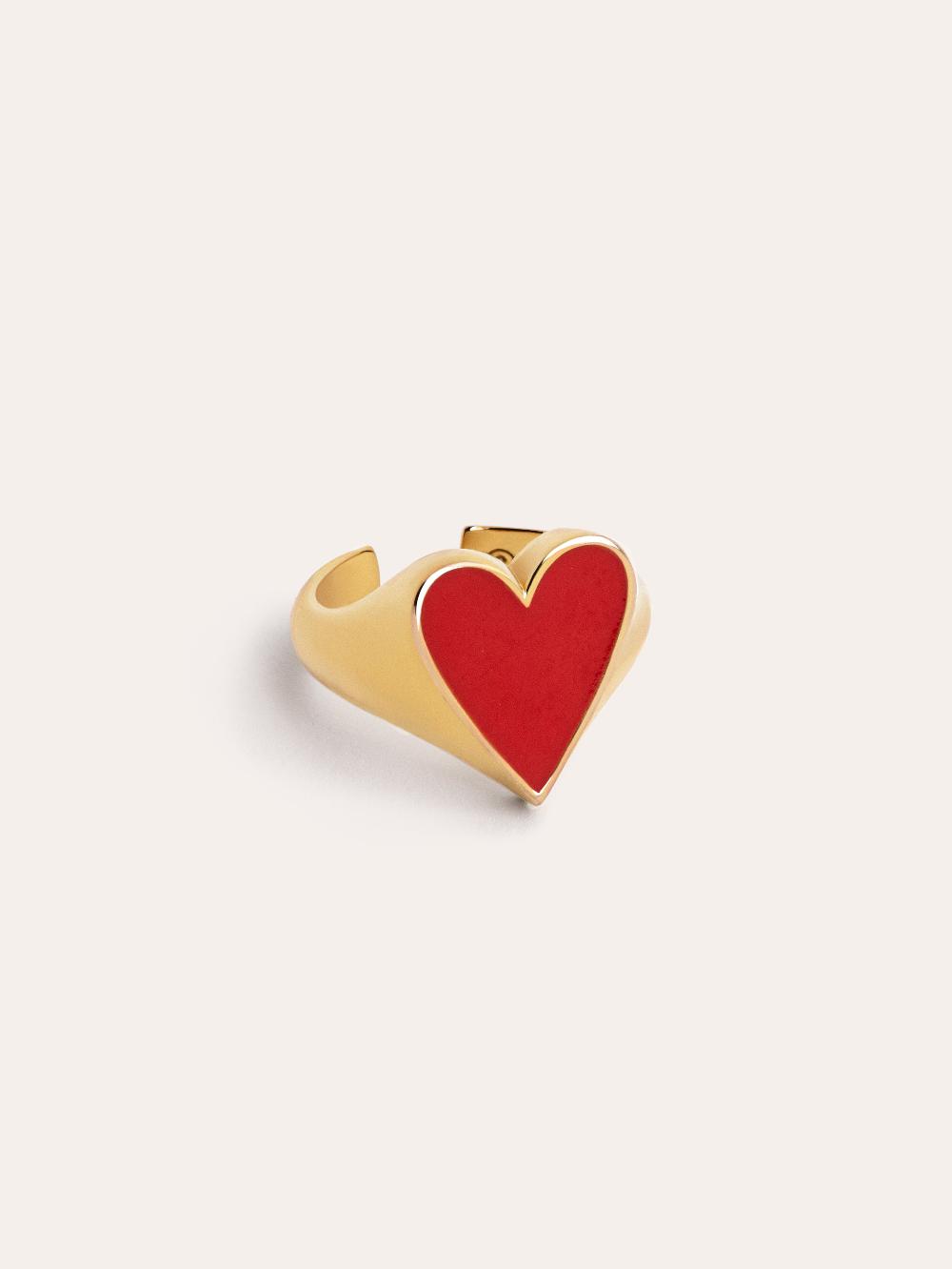 singularu Anillo Lovely Heart Red Enamel Baño Oro