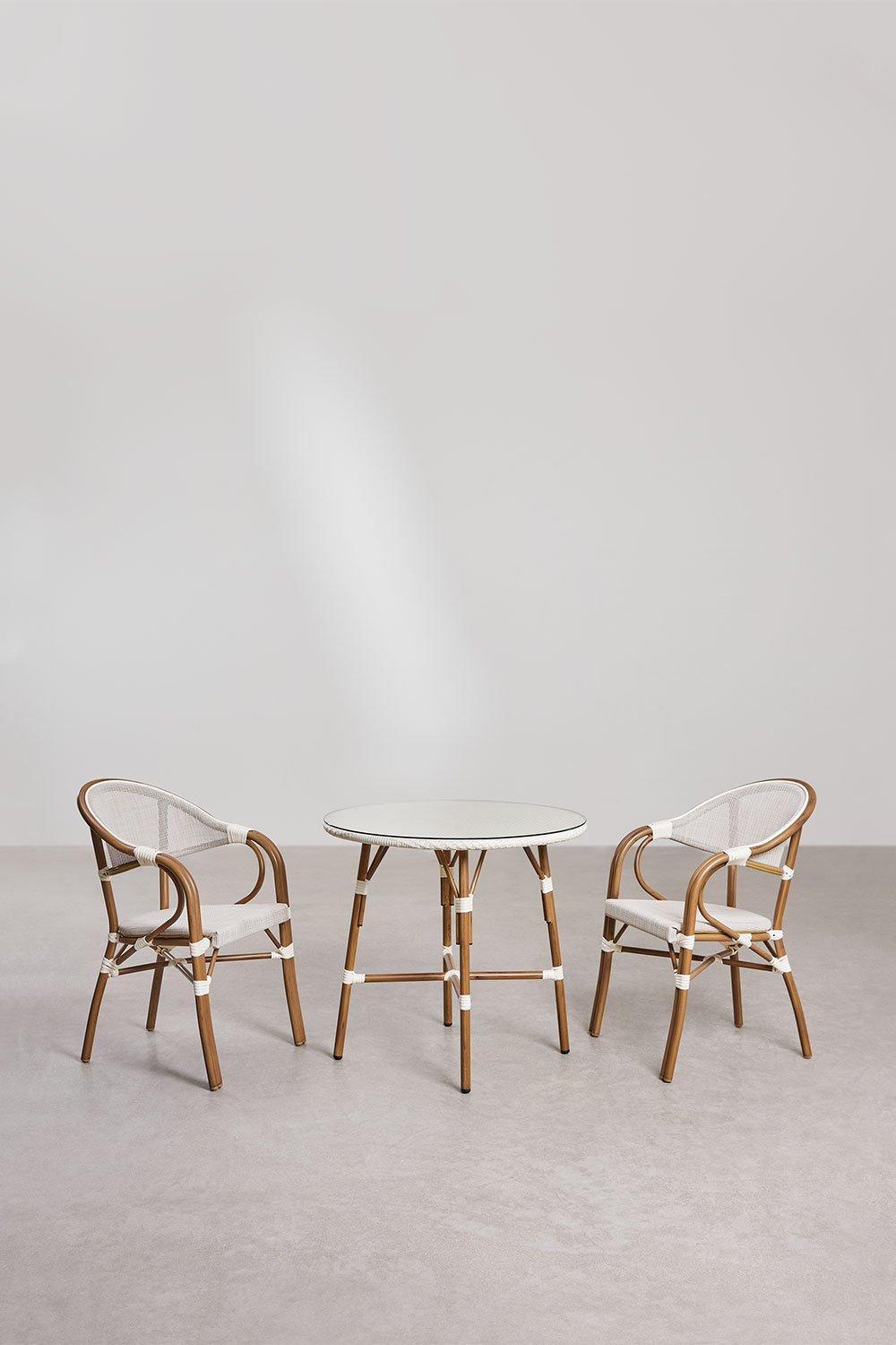 Sklum Brielle Bistro Round Table Set Ø80 Cm And 2 Stackable Garden Chairs With Armrests In Textilene And Aluminium