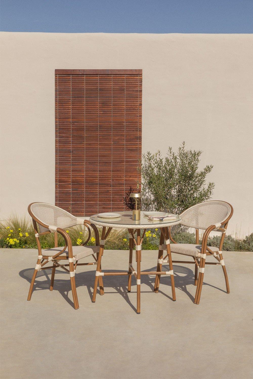 sklum Brielle Bistro round table set Ø80 cm and 2 stackable garden chairs with armrests in textilene and aluminium