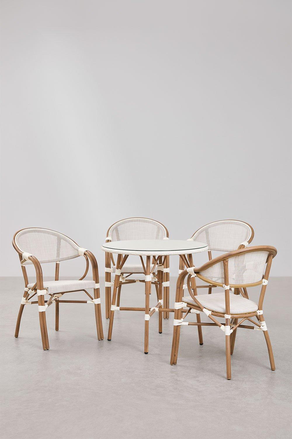 Sklum Brielle Bistro Round Table Set Ø80 Cm And 4 Stackable Garden Chairs With Armrests In Textilene And Aluminium