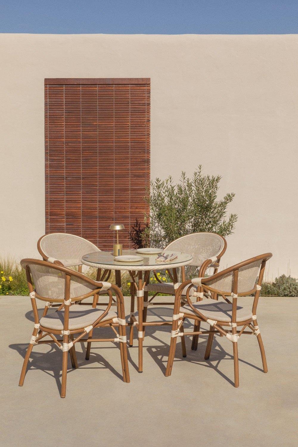 sklum Brielle Bistro round table set Ø80 cm and 4 stackable garden chairs with armrests in textilene and aluminium