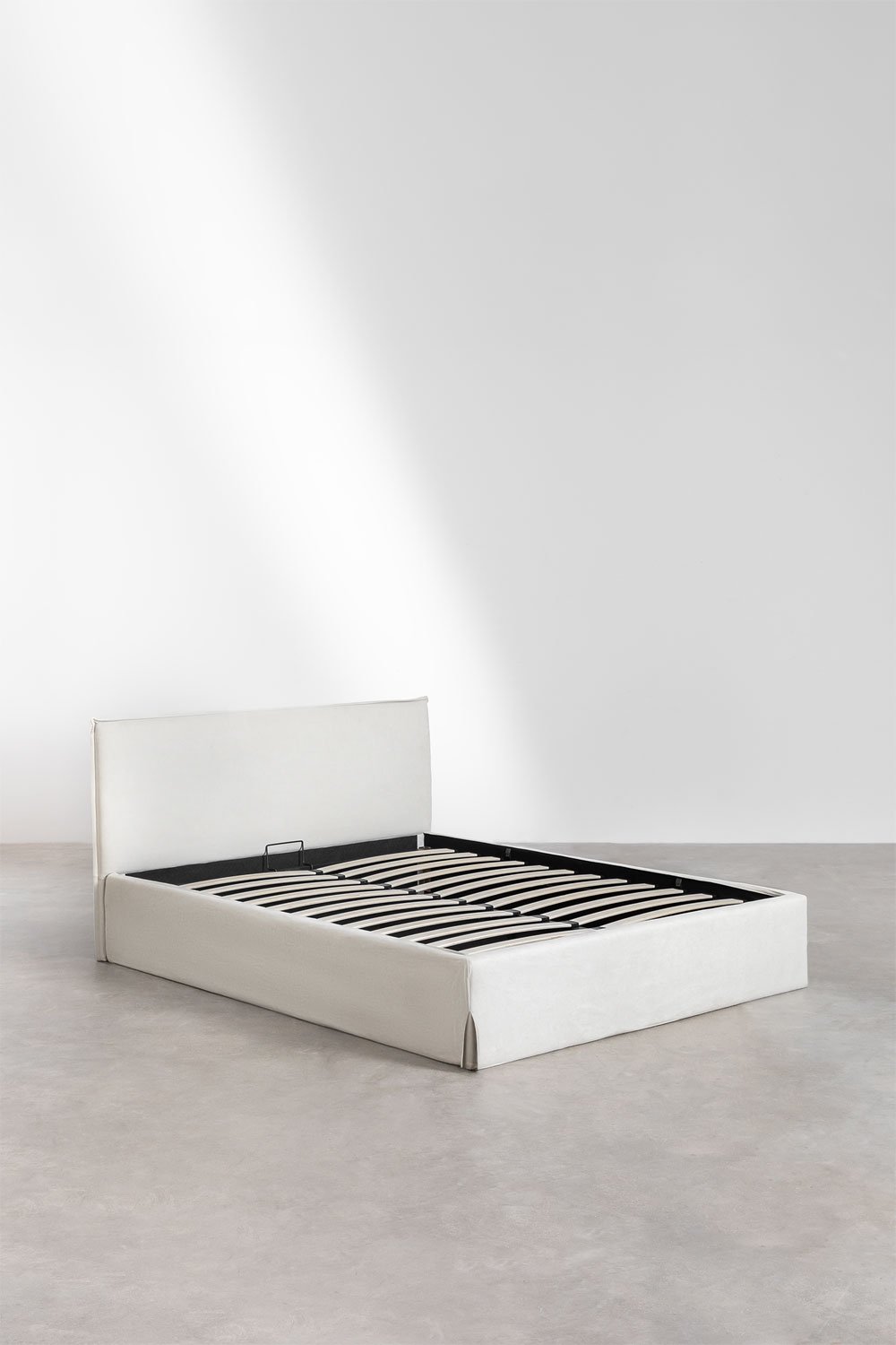 Sklum Cama Para Colchón 135x200cm Con Canapé Abatible En Tela Blanco Roto Lorea