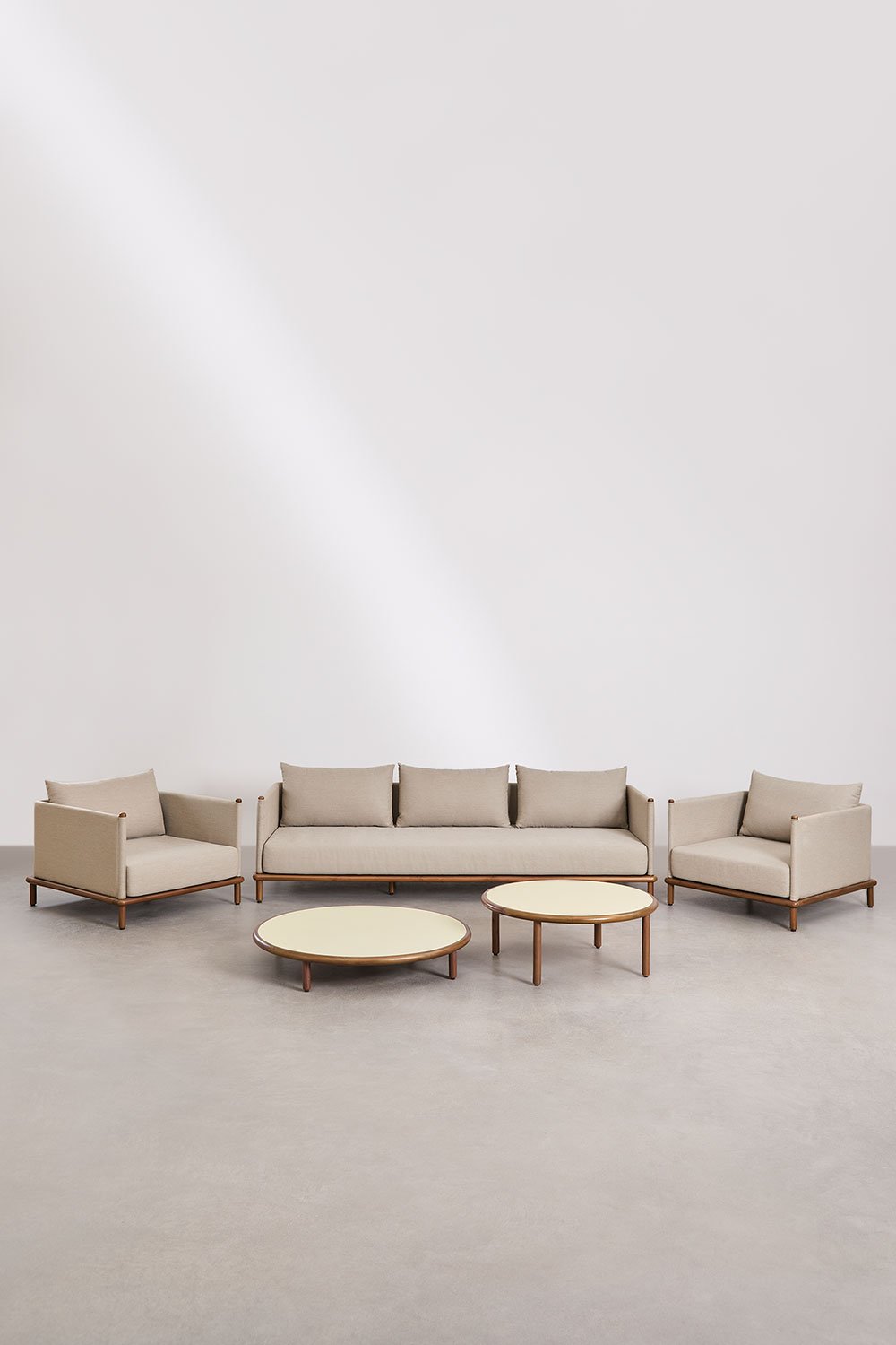 Sklum Conjunto De Jardim Com Sofá De 3 Lugares 2 Poltronas E 2 Mesas De Centro Redondas Em Madeira De Acácia Olivia