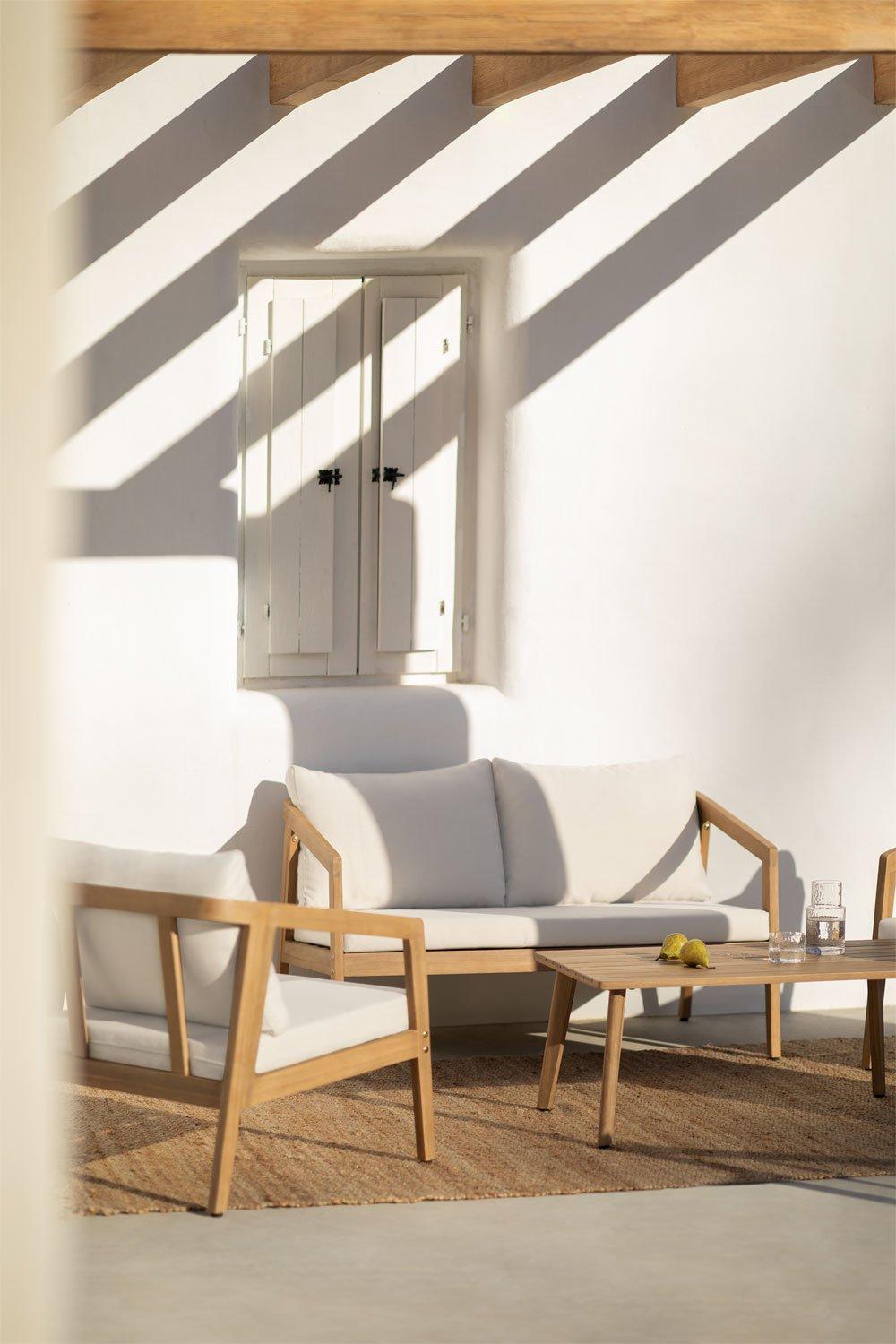sklum Conjunto de jardim em madeira de acácia Kaela com sofá 2 poltronas e mesa de centro