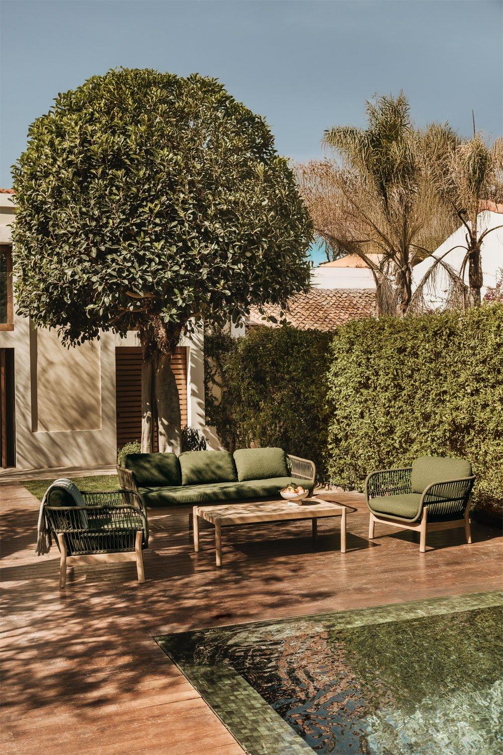 sklum Conjunto de jardim Karvia com sofá de 3 lugares 2 poltronas e mesa de centro em alumínio e madeira de acácia