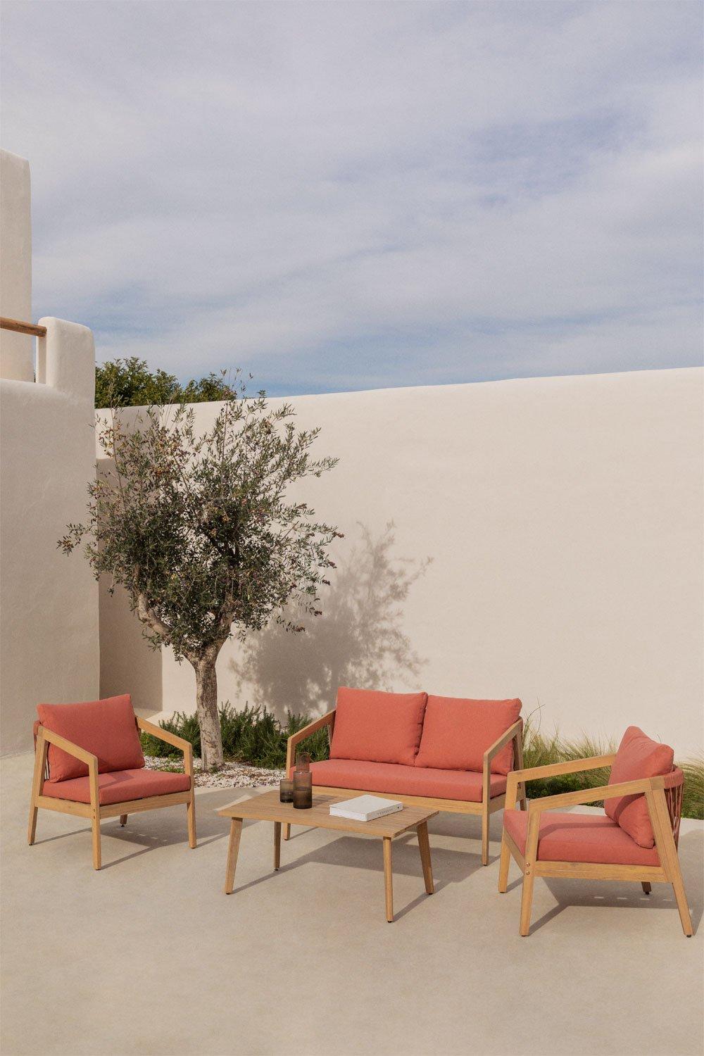 sklum Conjunto de jardín con sofá de 2 plazas 2 sillones y mesa de centro en madera de acacia y cuerda trenzada Kaela