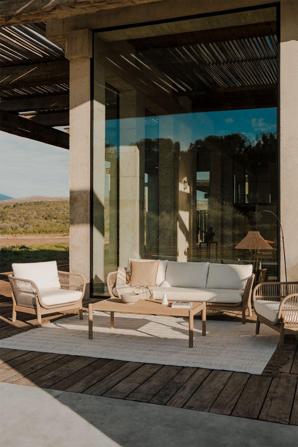 sklum Conjunto de jardín con sofá de 3 plazas 2 sillones y mesa de centro en aluminio y madera de acacia Karvia