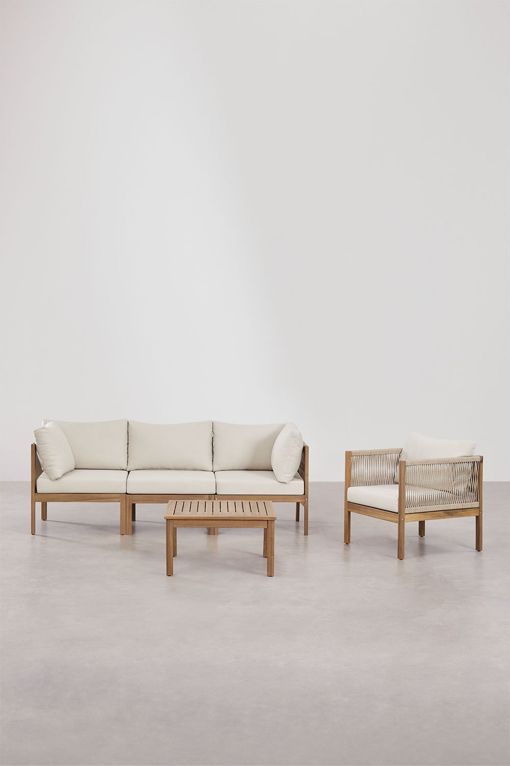 Sklum Conjunto De Jardín Con Sofá Modular De 3 Piezas Con Reposabrazos Sillón Y Mesa De Centro En Madera De Acacia Branson