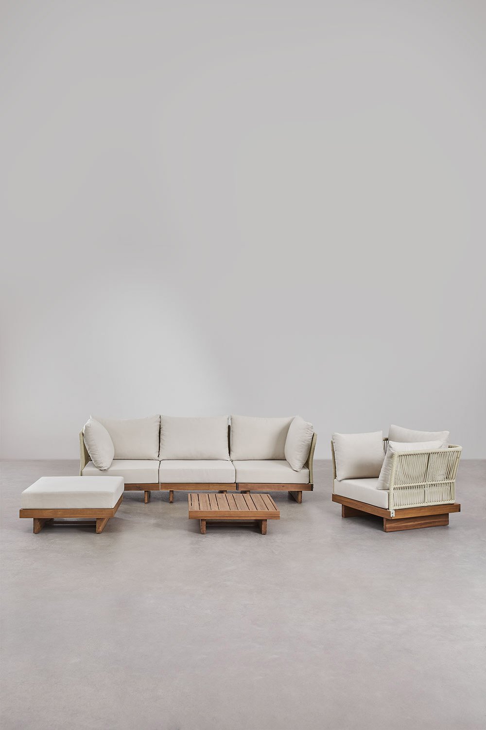 Sklum Conjunto De Jardín Con Sofá Modular De 3 Piezas De 2 Sillones Esquineros Mesa De Centro Sillón Y Puff En Madera De Acacia Dailin