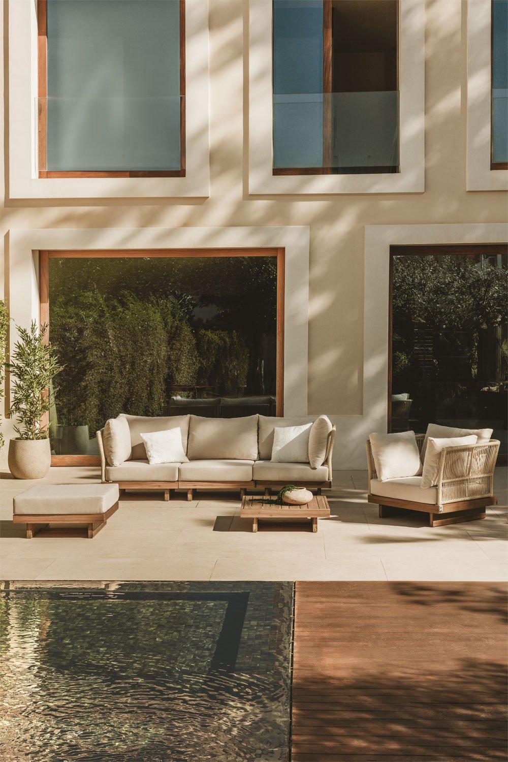 sklum Conjunto de jardín con sofá modular de 3 piezas de 2 sillones esquineros mesa de centro sillón y puff en madera de acacia Dailin