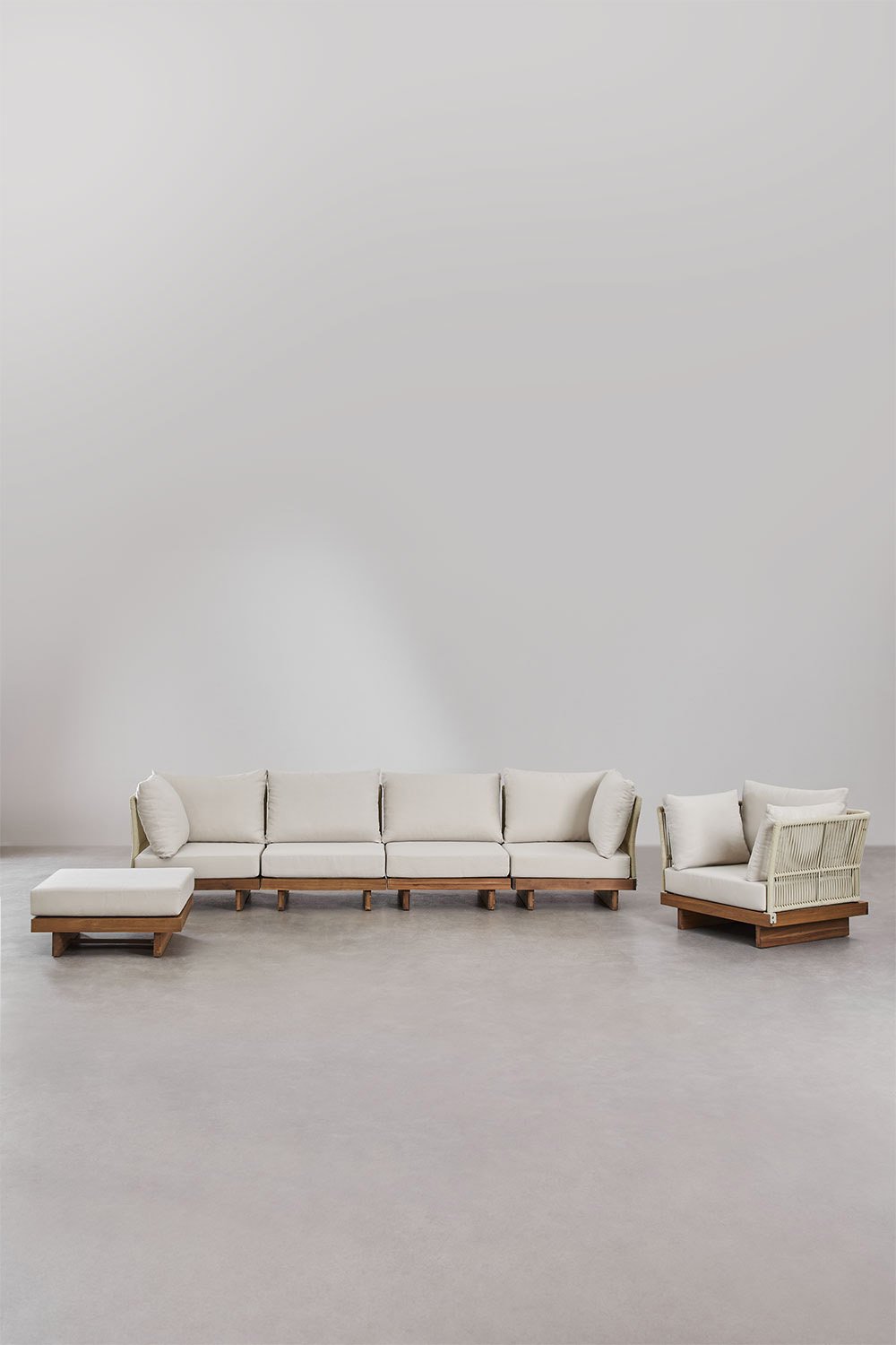 sklum Conjunto de jardín con sofá modular de 4 piezas con 2 sillones esquineros sillón y puff en madera de acacia Dailin