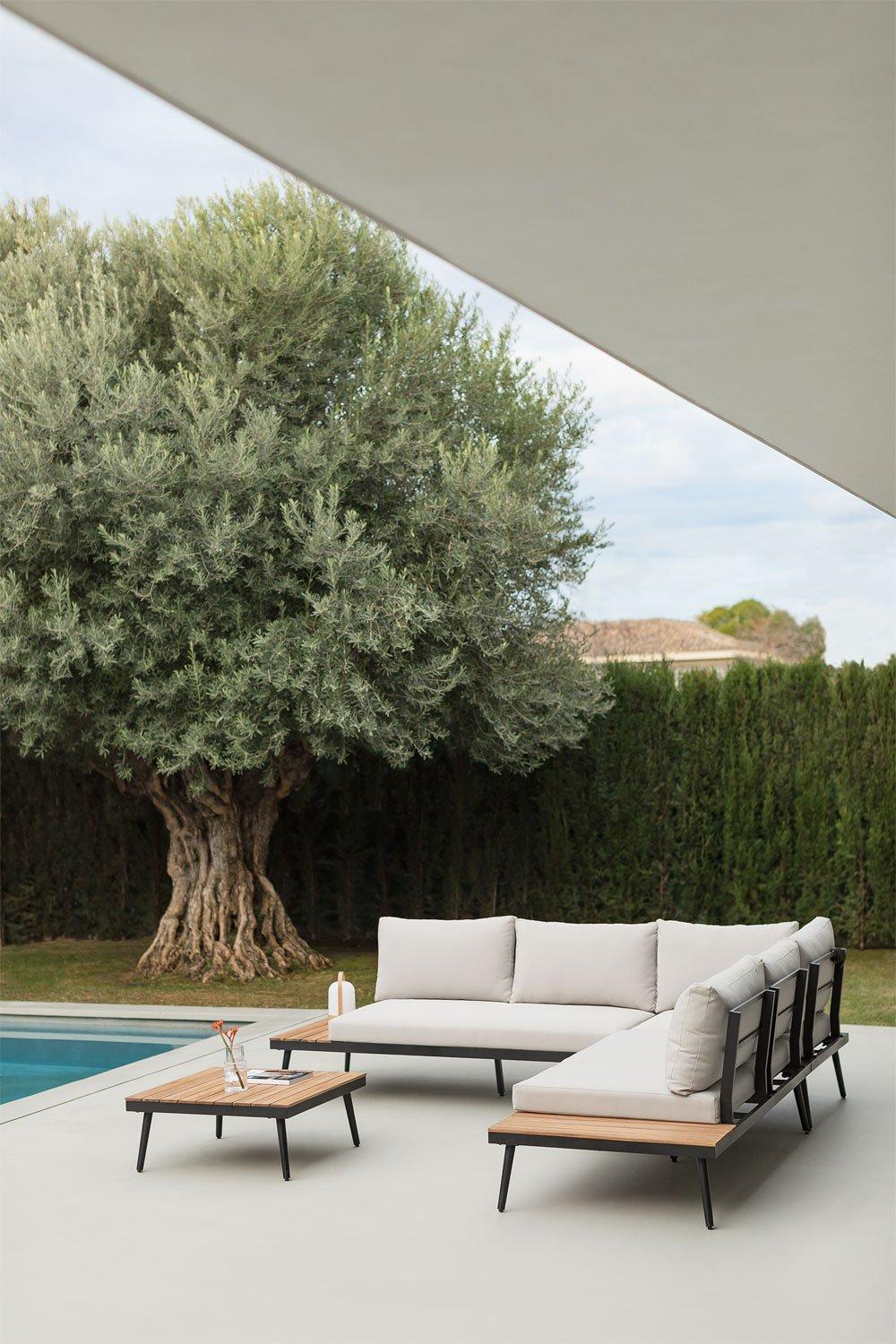 sklum Conjunto de jardín en con sofá esquinero de 4 plazas y mesa de centro en aluminio y madera de acacia Kalen