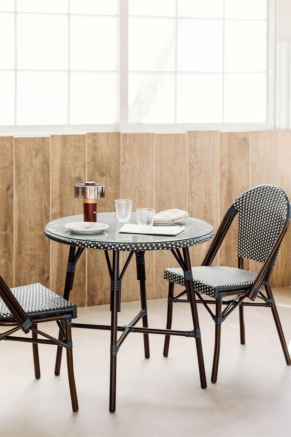 sklum Conjunto de mesa redonda Ø80 cm e 2 cadeiras de jantar empilháveis em alumínio e rattan sintético Brielle Bistro