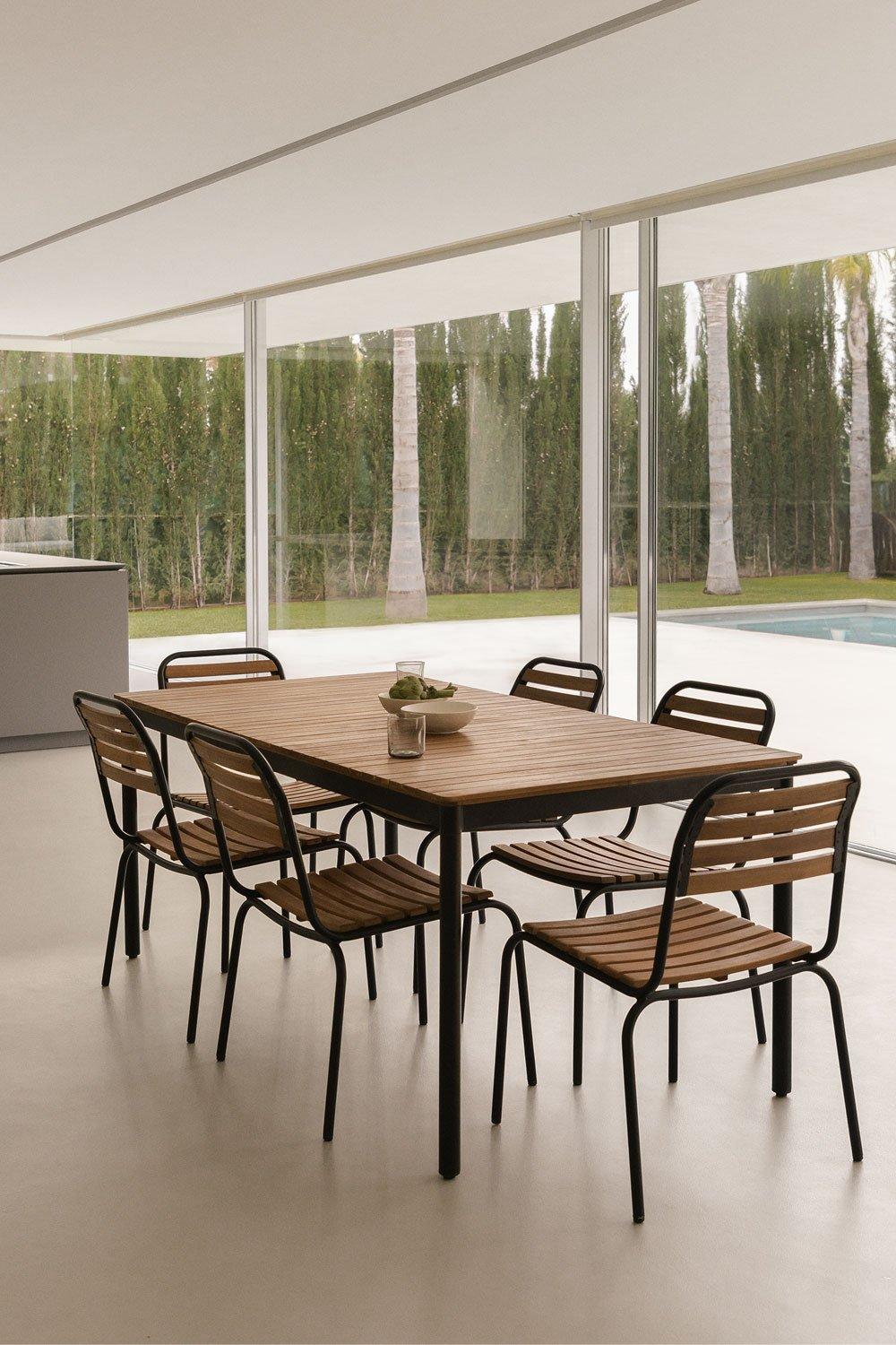 sklum Conjunto de mesa retangular 160x90 cm e 6 cadeiras de jantar empilháveis em aço e madeira de acácia Artus