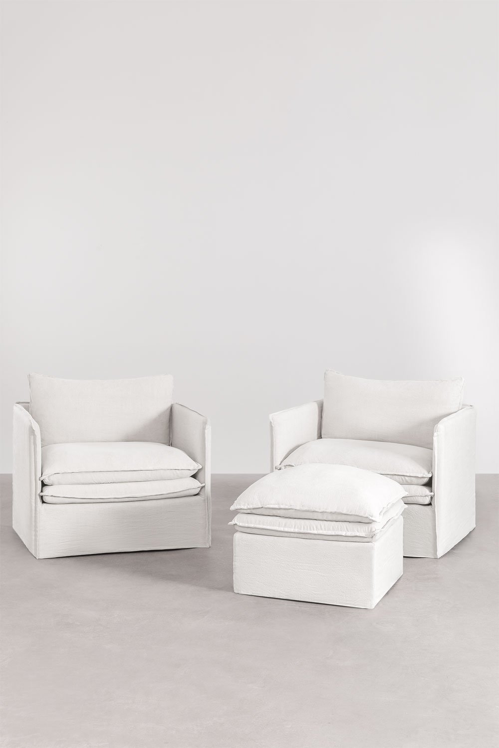 Sklum Conjunto De Salón Con 2 Sillones Y Puff En Lino Y Algodón Grace