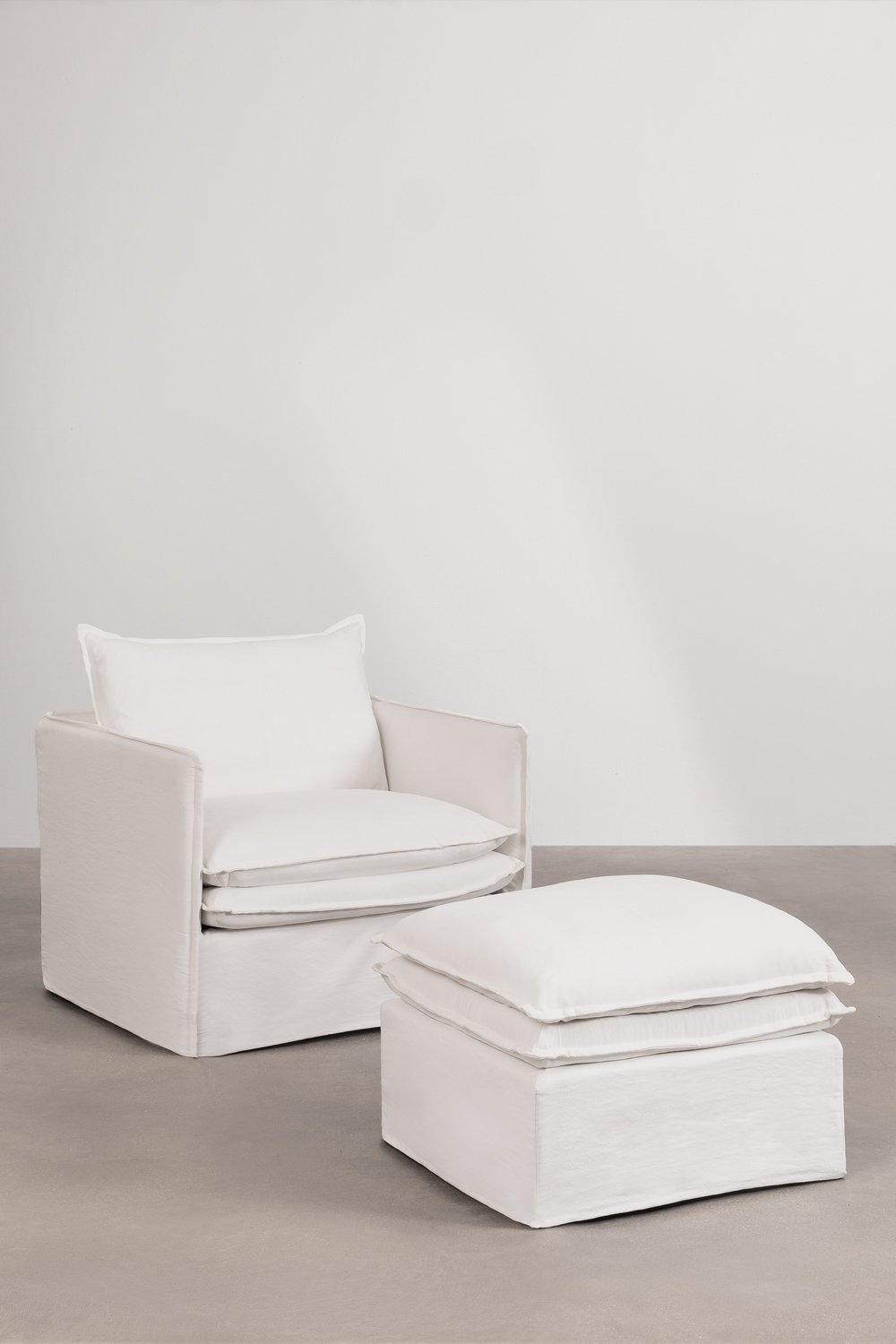 Sklum Conjunto De Salón Con Sillón Y Puff En Lino Y Algodón Grace