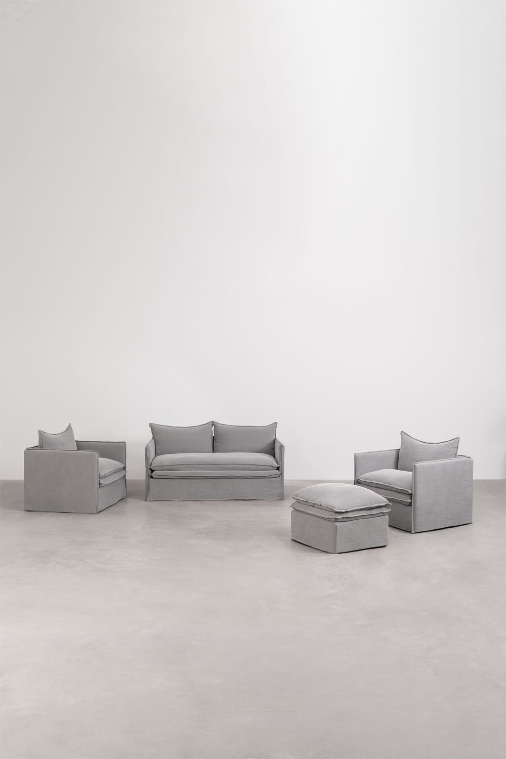 Sklum Conjunto De Salón Con Sofá De 2 Plazas 2 Sillones Y Puff En Lino Y Algodón Grace