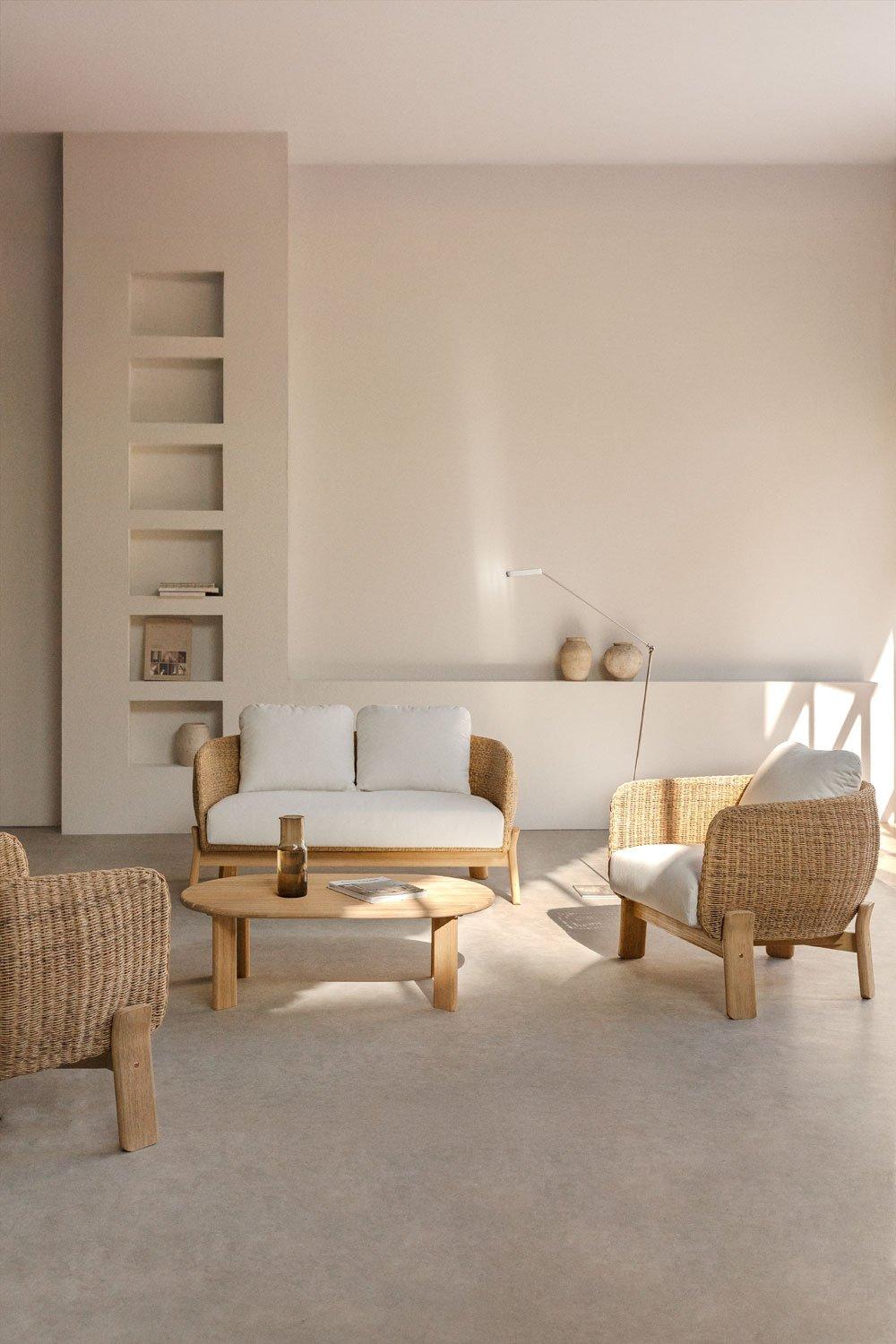 sklum Conjunto de salón con sofá de 2 plazas 2 sillones y mesa de centro en madera de acacia y ratán Leilan