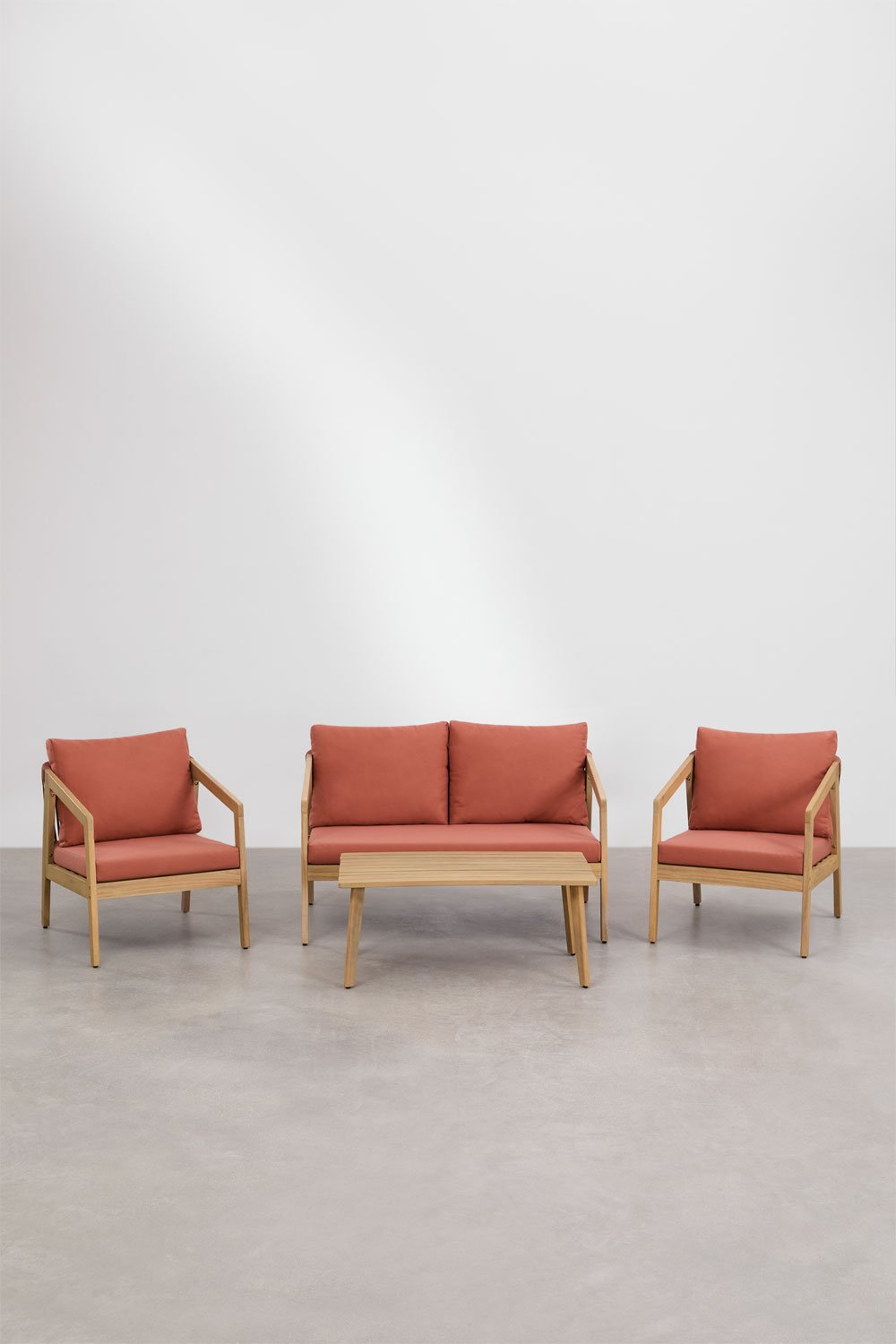 sklum Conjunto de salón con sofá de 2 plazas 2 sillones y mesa de centro en madera de acacia y cuerda trenzada Kaela