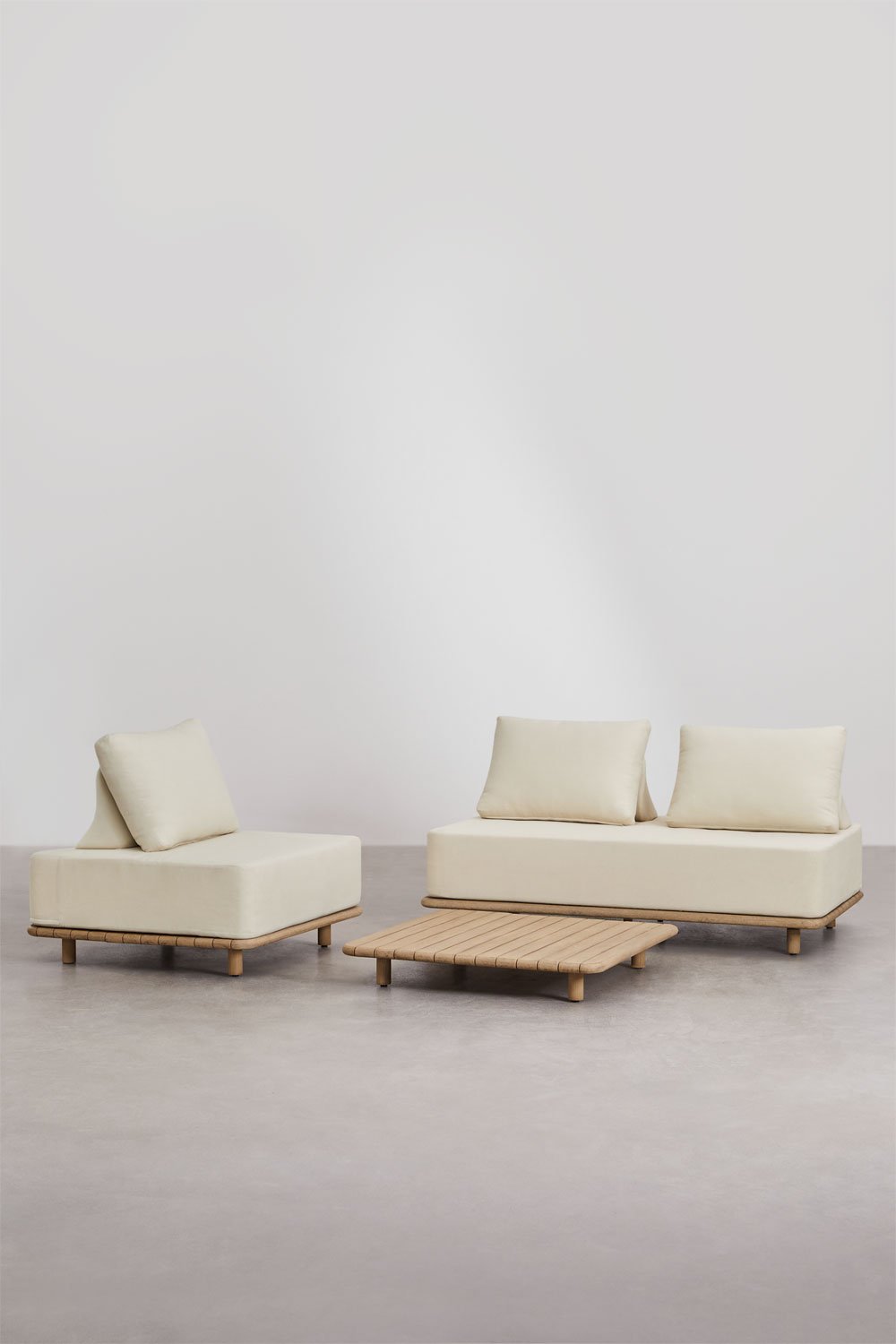 sklum Conjunto de salón con sofá de 2 plazas sillón y mesa de centro en madera de acacia Portet