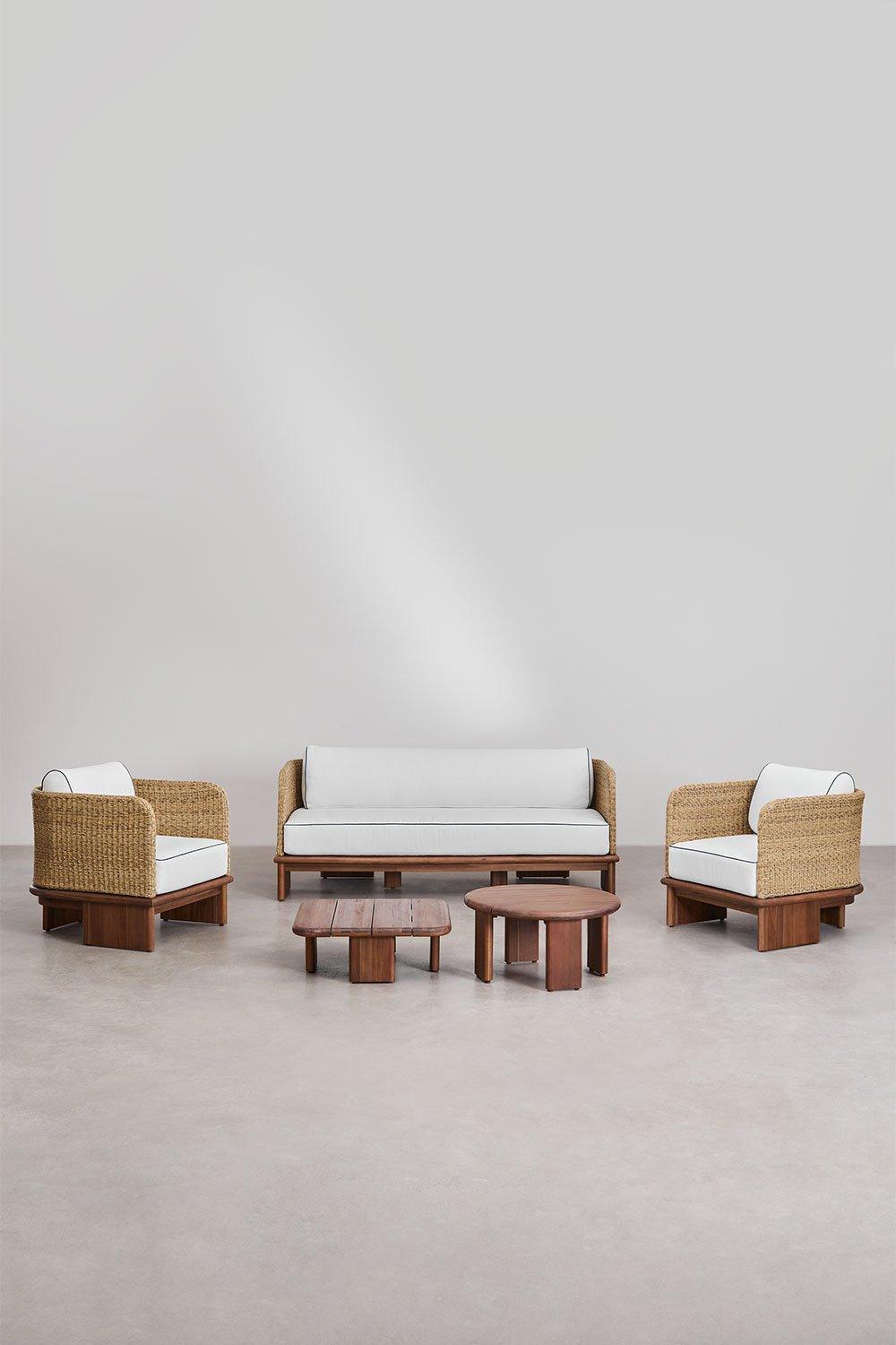 sklum Conjunto de salón con sofá de 3 plazas 2 sillones y 2 mesas de centro en ratán y madera de acacia Famara