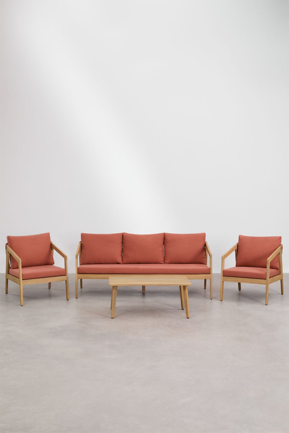 sklum Conjunto de salón con sofá de 3 plazas 2 sillones y mesa de centro en madera de acacia y cuerda trenzada Kaela