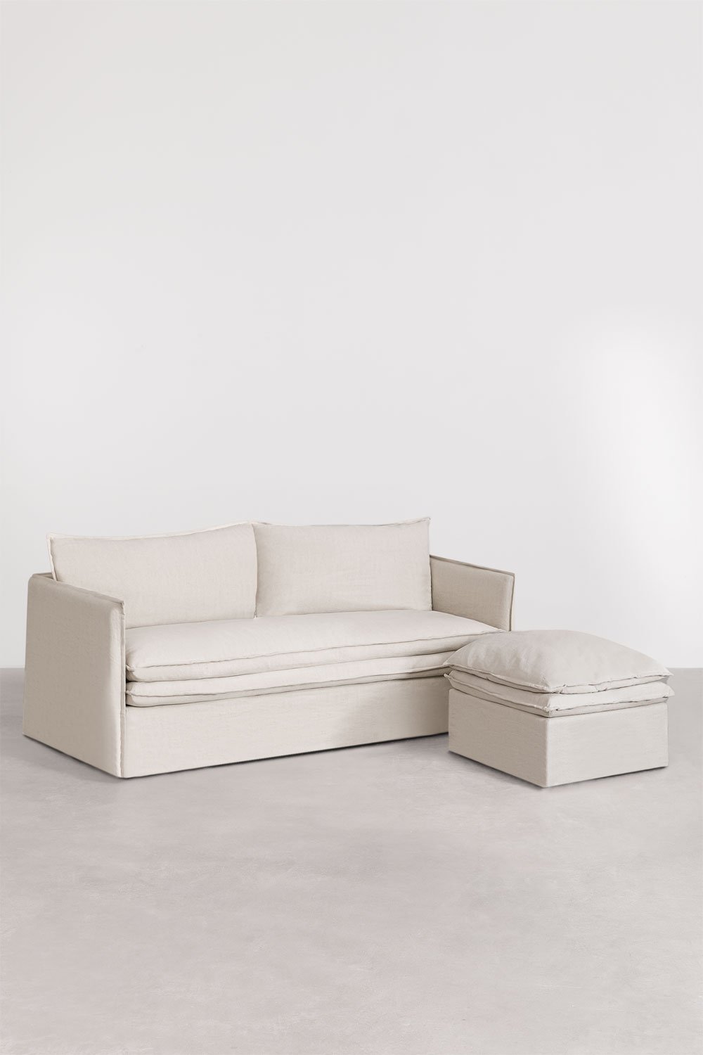 Sklum Conjunto De Salón Con Sofá De 3 Plazas Y Puff En Lino Y Algodón Grace