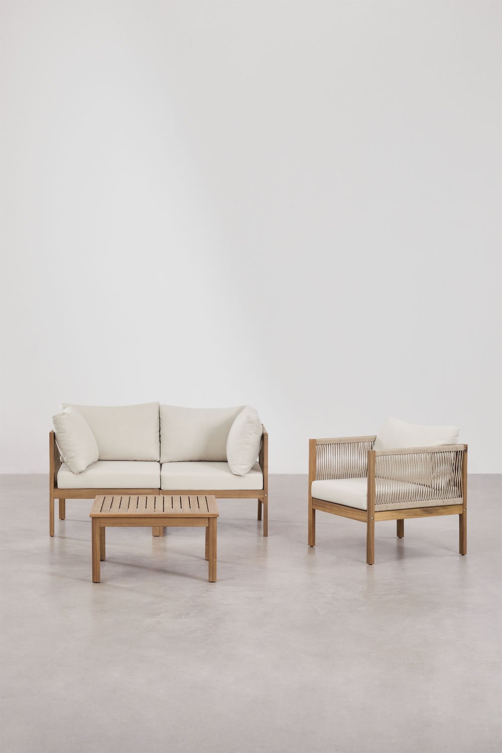 sklum Conjunto de salón con sofá modular de 2 piezas con reposabrazos sillón y mesa de centro en madera de acacia Branson