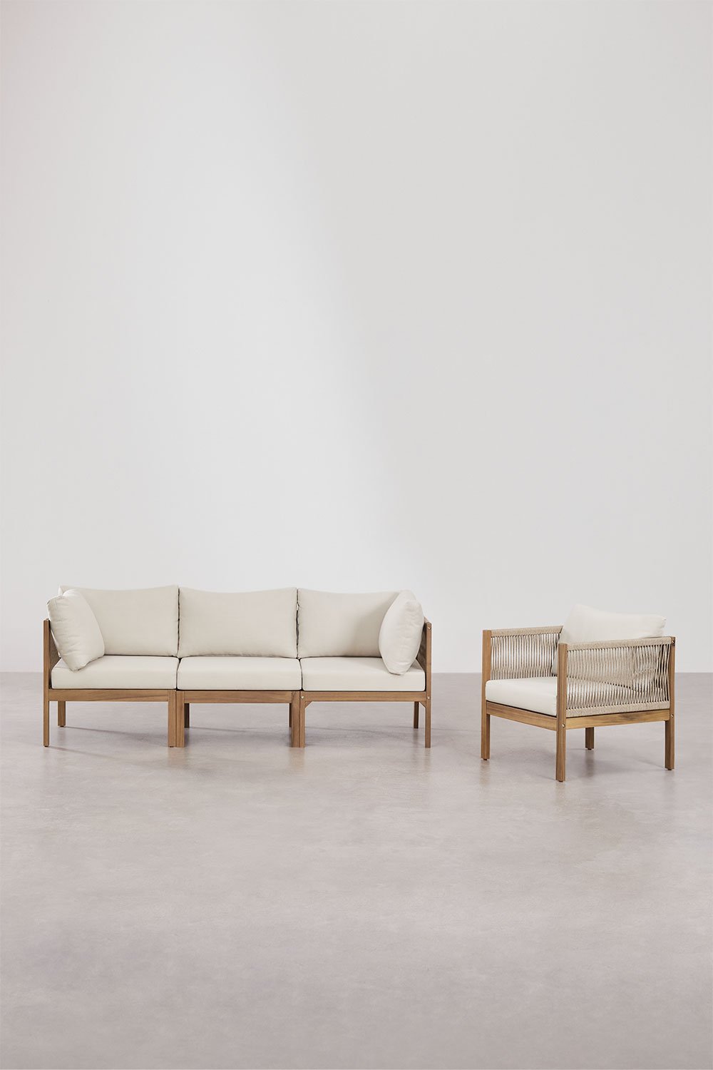 sklum Conjunto de salón con sofá modular de 3 piezas con reposabrazos y sillón en madera de acacia Branson