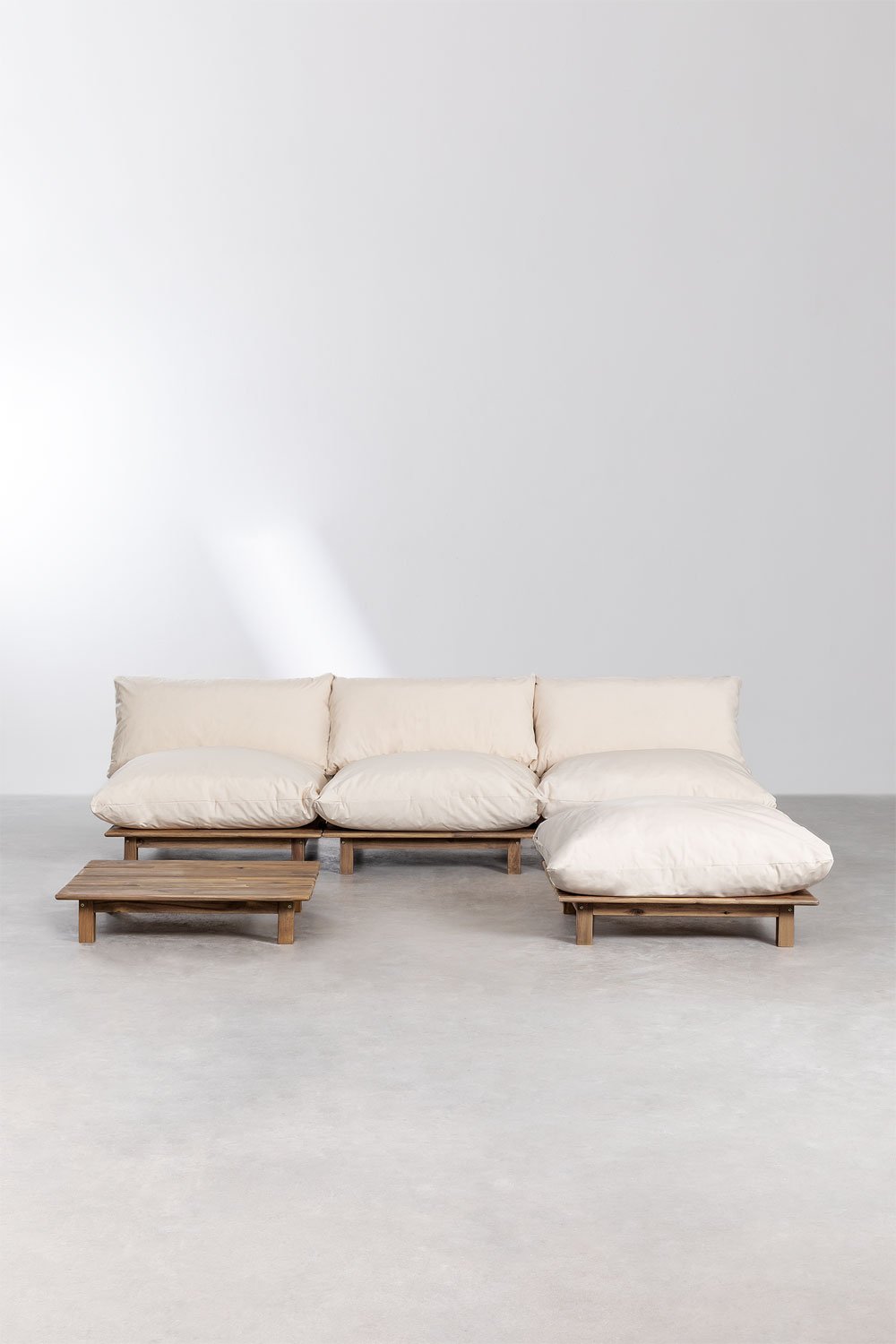 Sklum Conjunto De Salón Con Sofá Modular Reclinable De 3 Piezas Mesa De Centro Y Puff En Madera De Acacia Brina