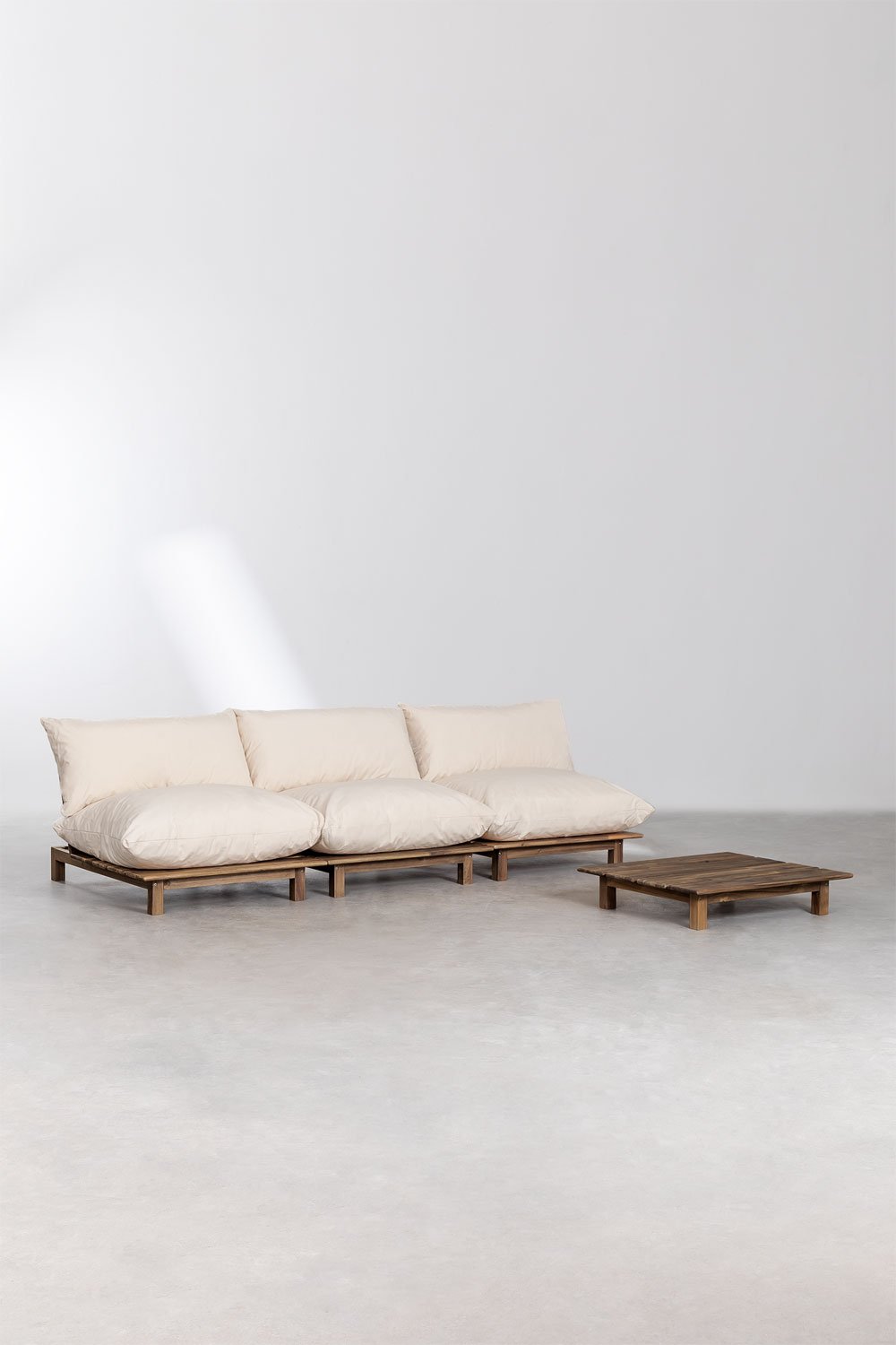sklum Conjunto de salón con sofá modular reclinable de 3 piezas y mesa de centro en madera de acacia Brina