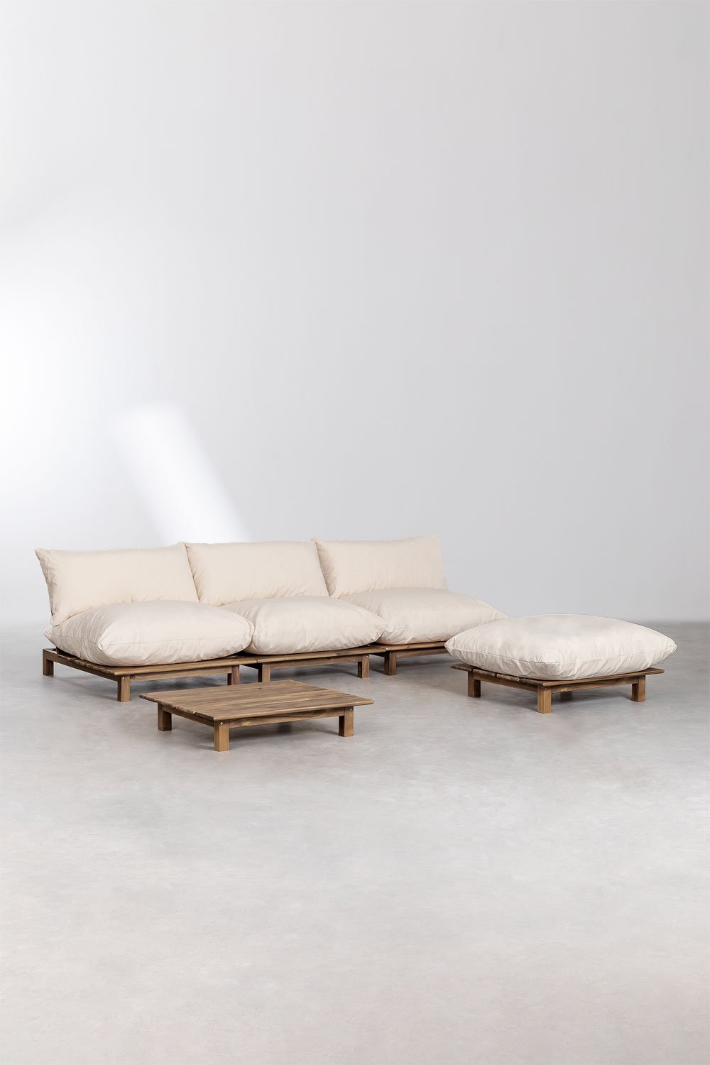 sklum Conjunto de salón con sofá modular reclinable de 3 piezas mesa de Centro y puff en madera de acacia Brina