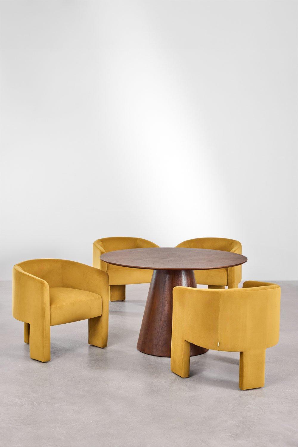 Sklum Ensemble De Table Ronde Aura En Placage De Noyer (Ø120 Cm) Et 4 Chaises De Salle à Manger En Velours Xastru