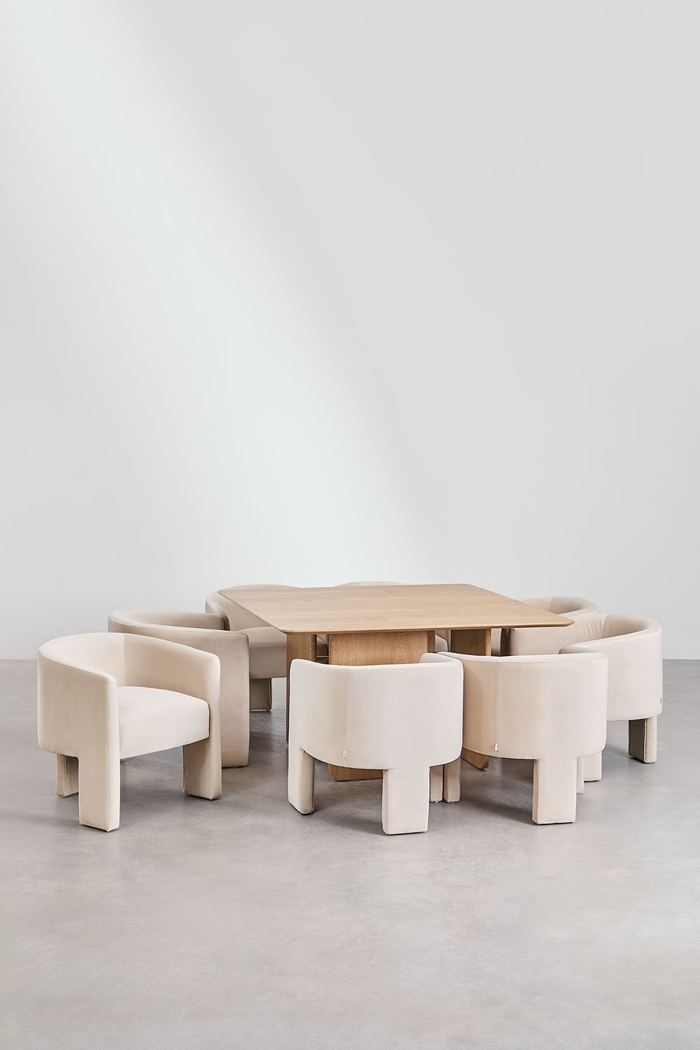 Sklum Ensemble Table Carrée En MDF Et Placage Frêne (140x140 Cm) Ginger Et 8 Chaises De Salle à Manger En Velours Xastru