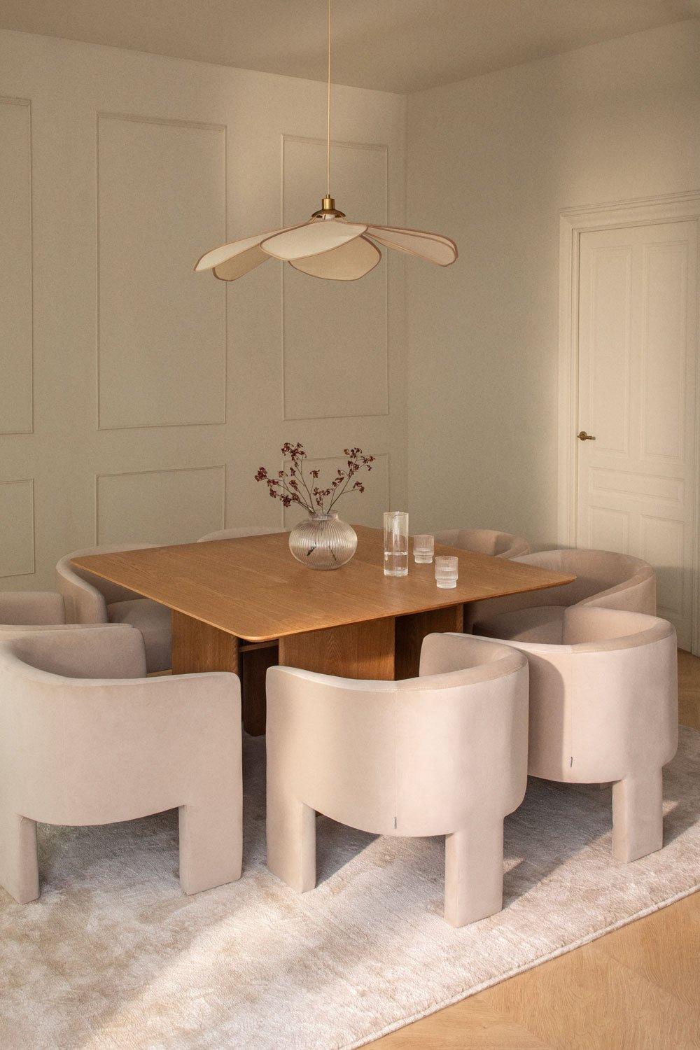 sklum Ensemble table carrée en MDF et placage frêne (140x140 cm) Ginger et 8 chaises de salle à manger en velours Xastru
